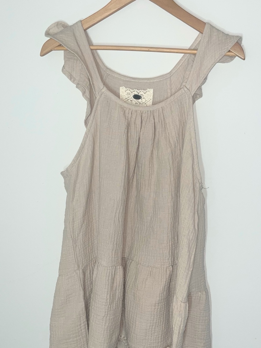 Cupio Beige Ruffled Shoulder Cotton Sleeveless Tank